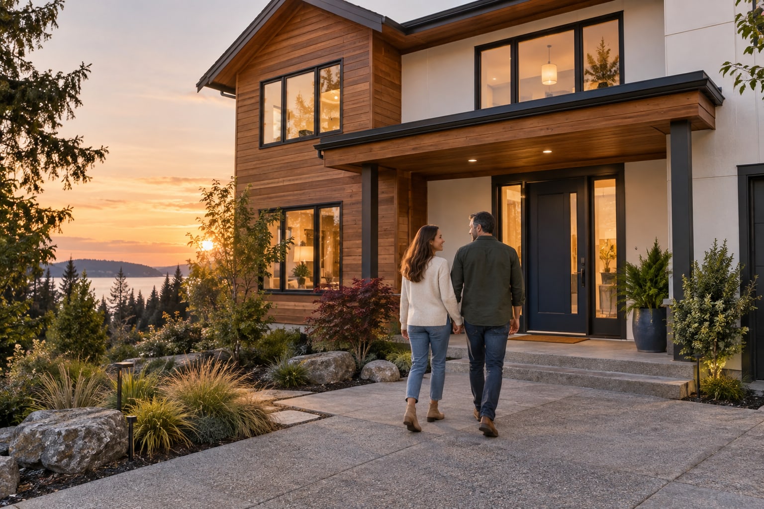 A couple approaching a welcoming modern home in warm evening light
