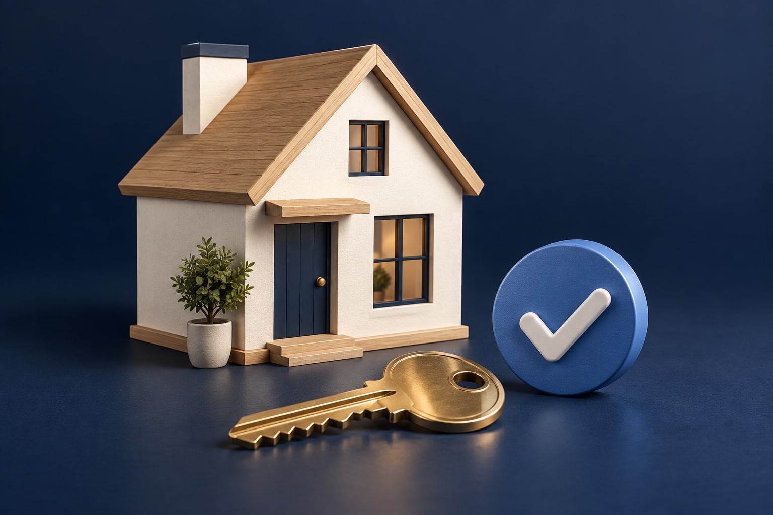 A miniature home, brass key and blue checkmark representing a thoughtful home purchase