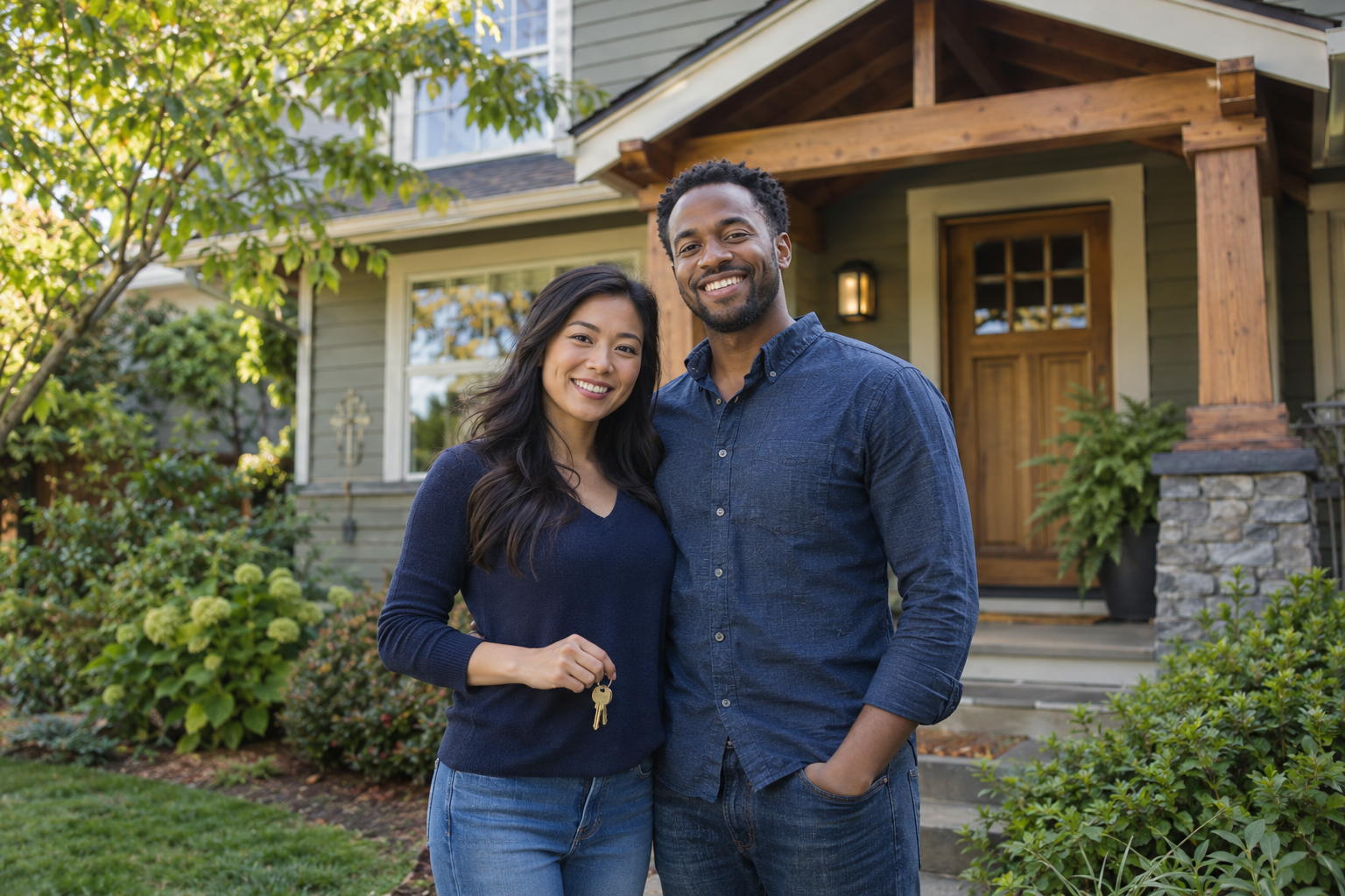 Happy homeowners holding their keys outside a welcoming home