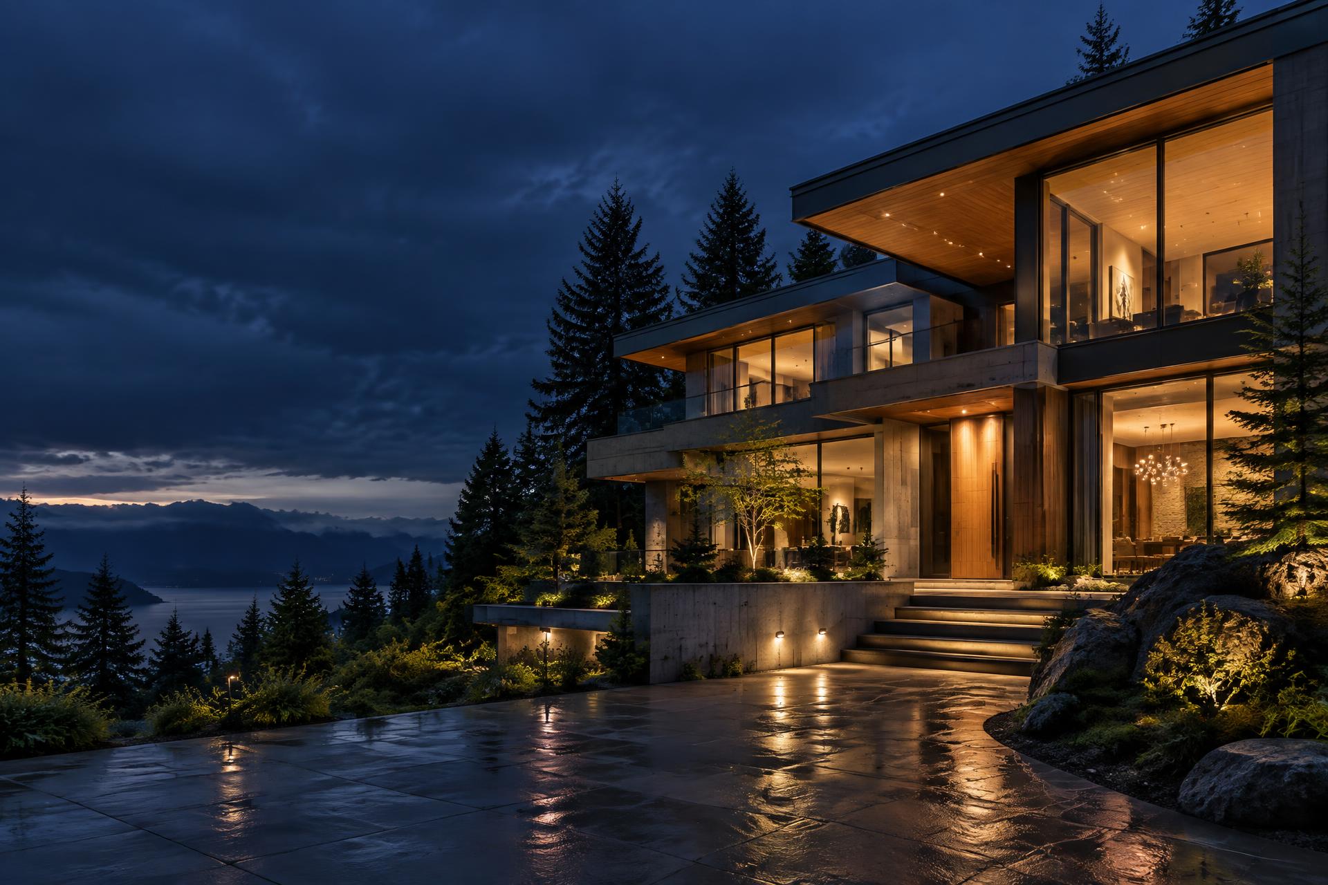 Modern Pacific Northwest residence overlooking water at dusk